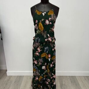 Tropical Floral Maxi Dress | Green Spaghetti Strap Ruffle Hem